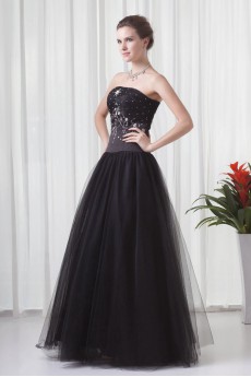 Net and Satin Strapless A Line Floor Length Dress with Embroidery