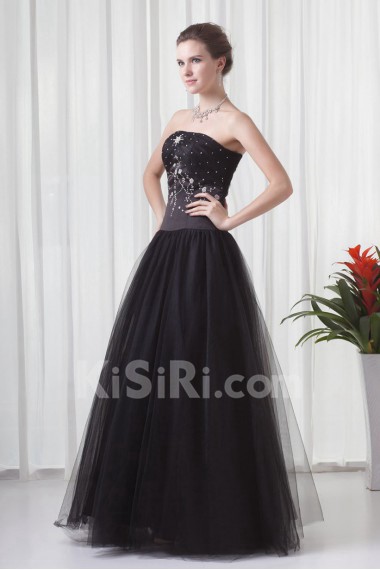 Net and Satin Strapless A Line Floor Length Dress with Embroidery