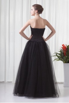 Net and Satin Strapless A Line Floor Length Dress with Embroidery