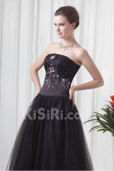 Net and Satin Strapless A Line Floor Length Dress with Embroidery