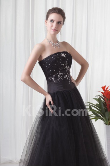 Net and Satin Strapless A Line Floor Length Dress with Embroidery