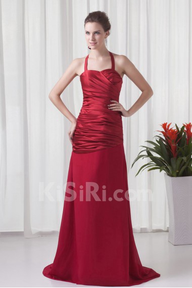 Satin and Chiffon Halter A Line Dress with Directionally Ruched Bodice