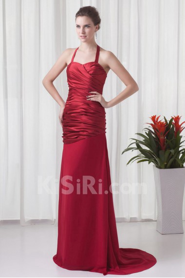 Satin and Chiffon Halter A Line Dress with Directionally Ruched Bodice