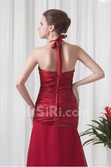 Satin and Chiffon Halter A Line Dress with Directionally Ruched Bodice