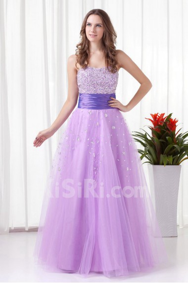 Net and Satin Strapless A Line Floor Length Dress with Embroidery