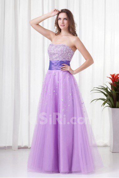 Net and Satin Strapless A Line Floor Length Dress with Embroidery