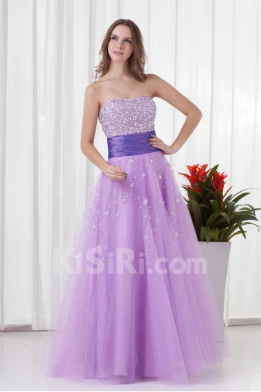 Net and Satin Strapless A Line Floor Length Dress with Embroidery