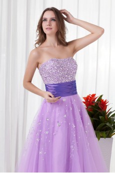 Net and Satin Strapless A Line Floor Length Dress with Embroidery