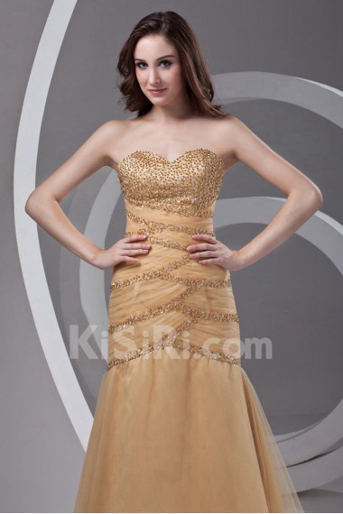 Satin and Net Strapless Sheath Dress with Embroidery