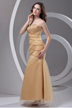 Satin and Net Strapless Sheath Dress with Embroidery