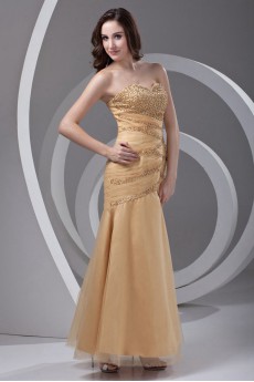 Satin and Net Strapless Sheath Dress with Embroidery