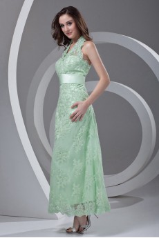 Lace Halter Column Ankle-Length Dress with Sash