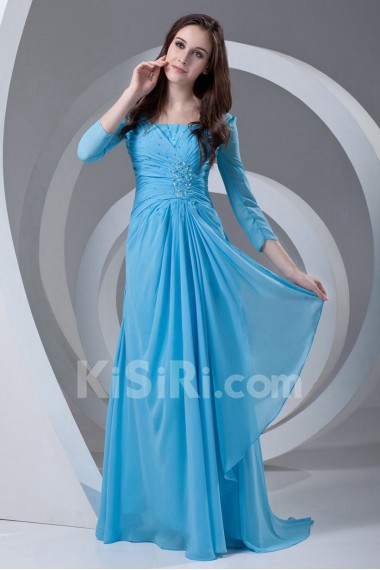 Chiffon Portrait Column Dress with Gathered Ruched Bodice