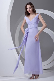 Chiffon V Neckline Column Ankle-Length Dress with Sash