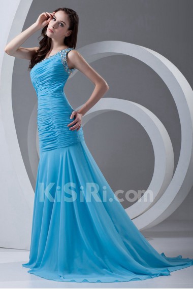 Chiffon Asymmetrical Sheath Dress with Directionally Ruched Bodice