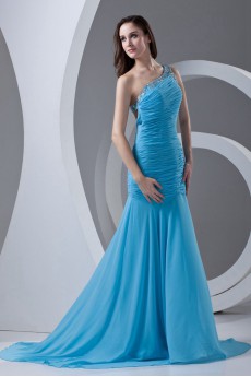 Chiffon Asymmetrical Sheath Dress with Directionally Ruched Bodice