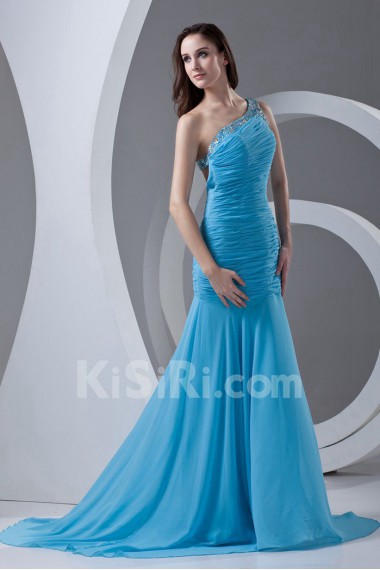 Chiffon Asymmetrical Sheath Dress with Directionally Ruched Bodice