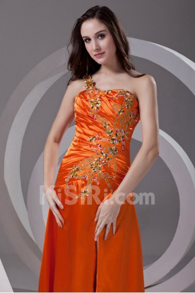 Satin Strapless A Line Dress with Embroidery