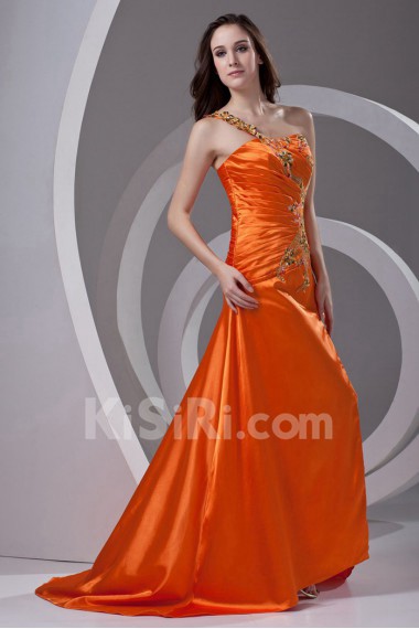 Satin Strapless A Line Dress with Embroidery