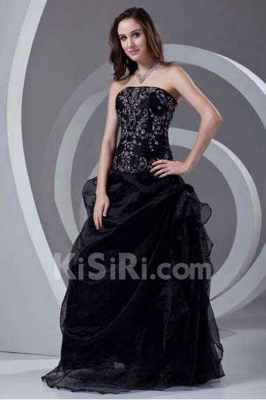 Organza Strapless A Line Dress with Embroidery