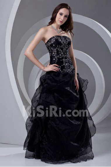 Organza Strapless A Line Dress with Embroidery