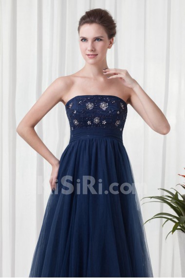 Chiffon and Net Strapless A Line Dress with Embroidery