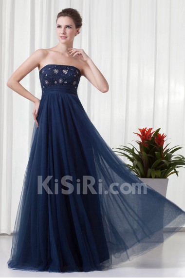 Chiffon and Net Strapless A Line Dress with Embroidery