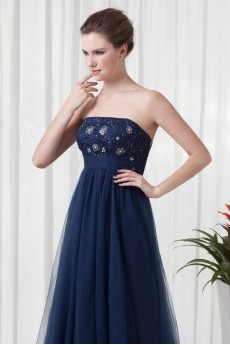 Chiffon and Net Strapless A Line Dress with Embroidery