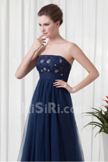 Chiffon and Net Strapless A Line Dress with Embroidery