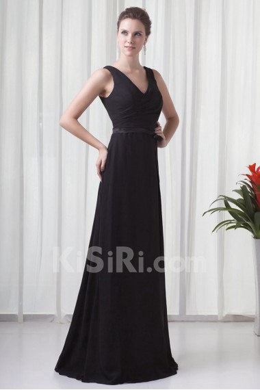 Chiffon V Neckline Column Dress with Sash