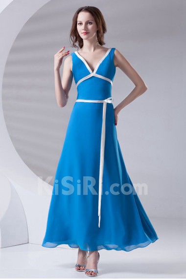 Satin V Neckline A Line Ankle-Length Dress with Sash