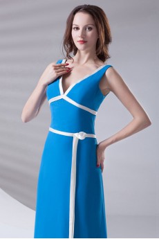 Satin V Neckline A Line Ankle-Length Dress with Sash