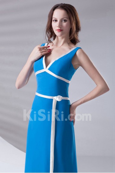 Satin V Neckline A Line Ankle-Length Dress with Sash