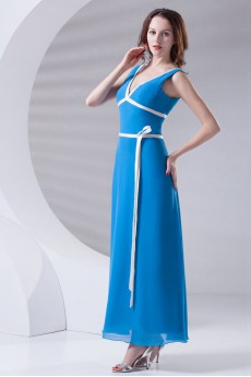 Satin V Neckline A Line Ankle-Length Dress with Sash