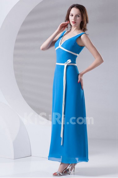 Satin V Neckline A Line Ankle-Length Dress with Sash