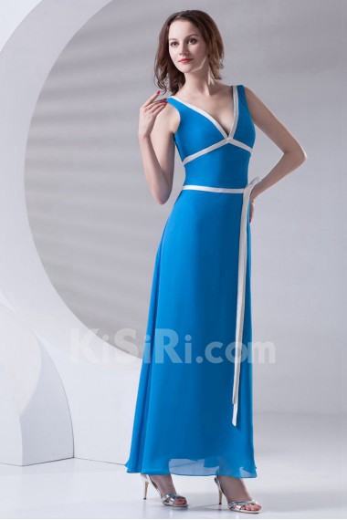 Satin V Neckline A Line Ankle-Length Dress with Sash