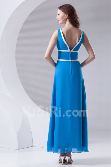 Satin V Neckline A Line Ankle-Length Dress with Sash