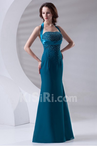 Chiffon Halter Sheath Dress with Embroidery