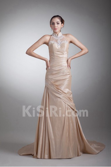 Taffeta High Collar Sheath Dress with Embroidery