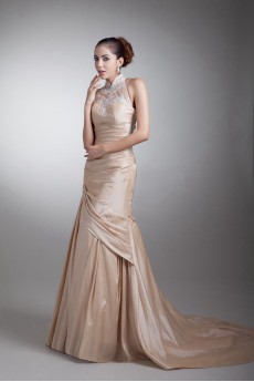 Taffeta High Collar Sheath Dress with Embroidery