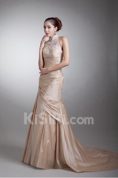 Taffeta High Collar Sheath Dress with Embroidery