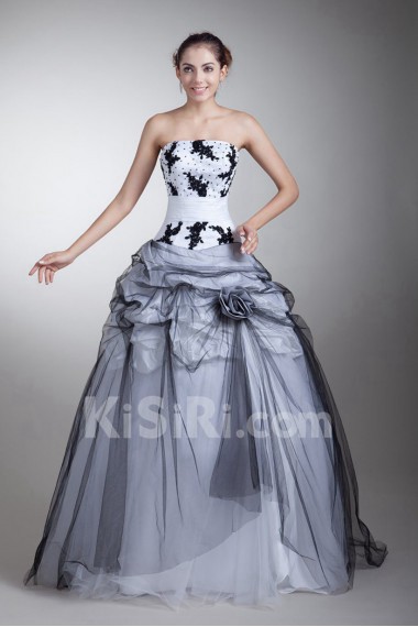 Satin and Net Strapless Ball Gown with Embroidery