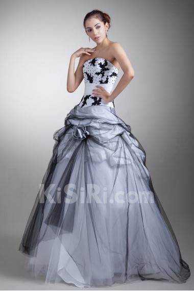 Satin and Net Strapless Ball Gown with Embroidery