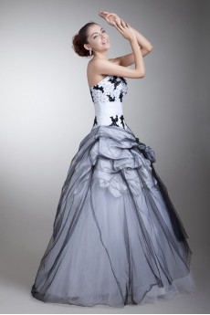 Satin and Net Strapless Ball Gown with Embroidery