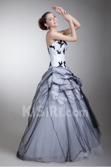 Satin and Net Strapless Ball Gown with Embroidery