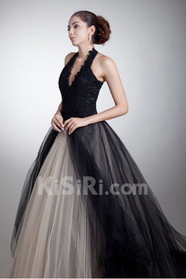 Satin and Net Halter Ball Gown with Embroidery