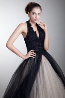 Satin and Net Halter Ball Gown with Embroidery