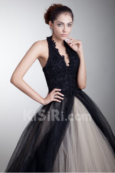 Satin and Net Halter Ball Gown with Embroidery