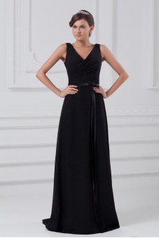 Chiffon V-Neck Column Dress with Sash