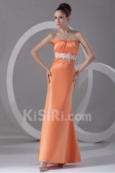 Satin Strapless Ankle-Length Column Dress with Embroidery